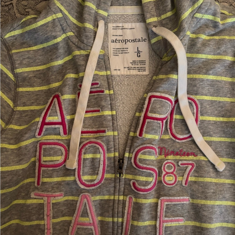 Aeropostale grey & lime green striped zip up jacket with pink accents Size L - Picture 3 of 4